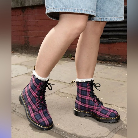 Dr. Martens Pink and Purple Plaid Lace-Up Combat Boots - Picture 2 of 15